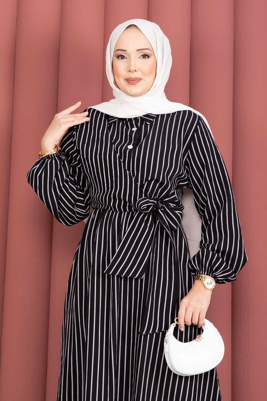 Robe modeste à rayures avec lien latéral noire