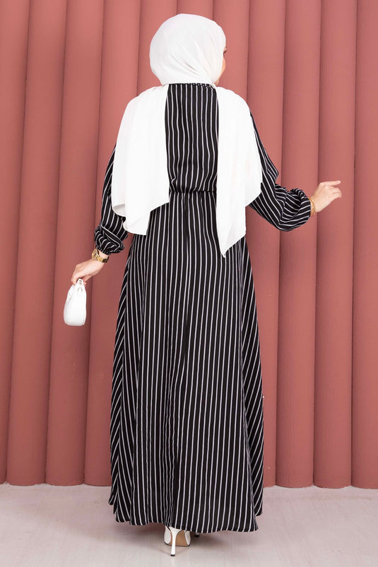 Striped Side-Tied Modest Dress Black