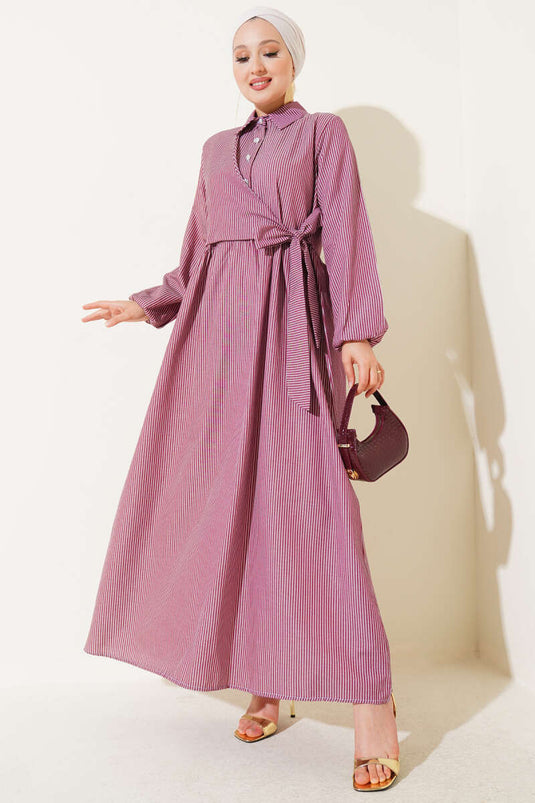 Striped Half-Button Tie Dress Burgundy