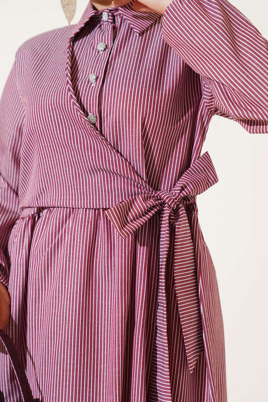 Striped Half-Button Tie Dress Burgundy