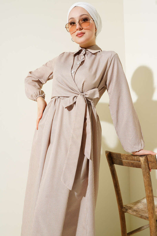 Striped Half Button Tie Dress Latte
