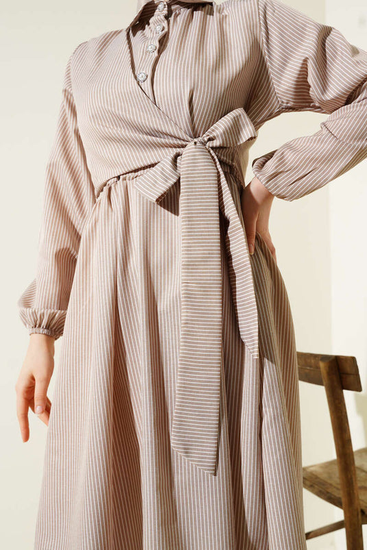 Striped Half Button Tie Dress Latte