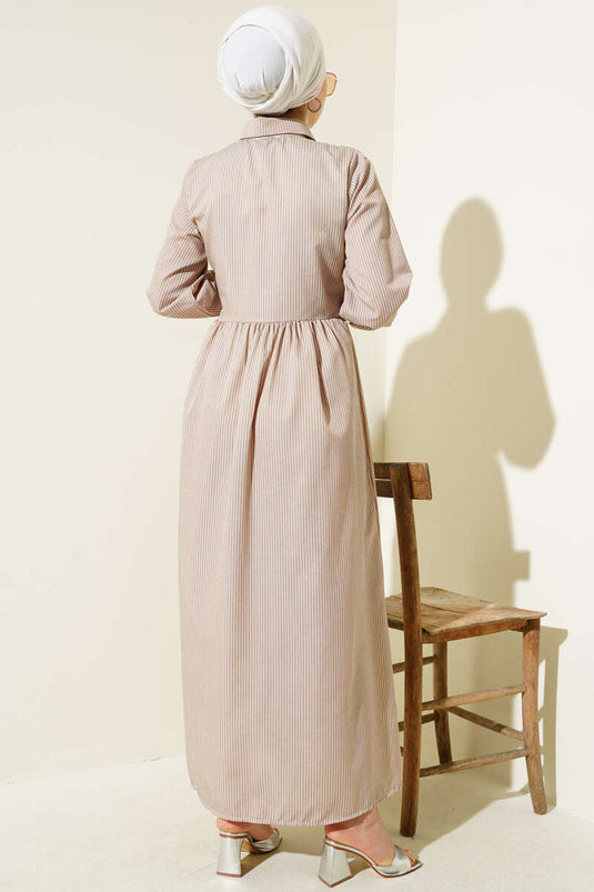 Striped Half Button Tie Dress Latte