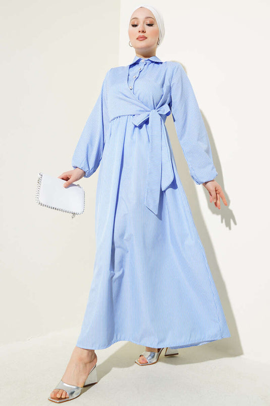 Çizgili Yarım Düğmeli Bağlamalı Elbise Mavi