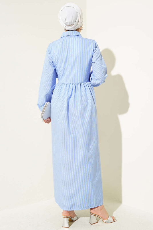 Çizgili Yarım Düğmeli Bağlamalı Elbise Mavi