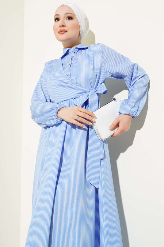 Çizgili Yarım Düğmeli Bağlamalı Elbise Mavi