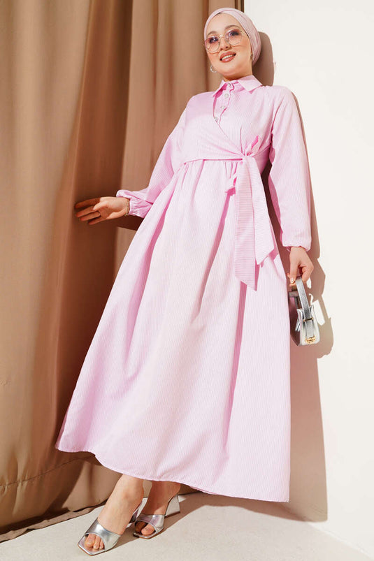 Striped Half Buttoned Tie Dress Pink