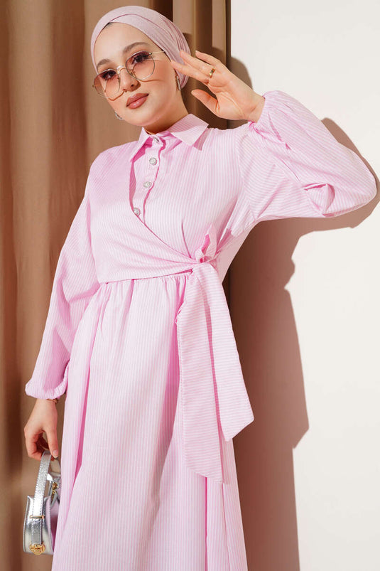 Striped Half Buttoned Tie Dress Pink