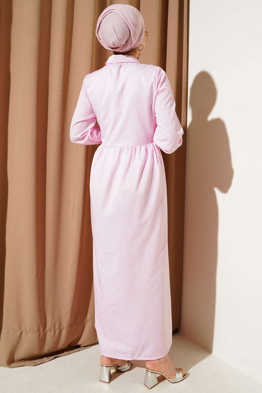 Striped Half Buttoned Tie Dress Pink
