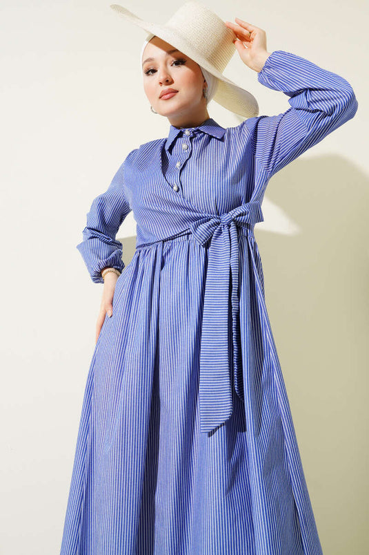 Striped Half Buttoned Tie Dress Saxe