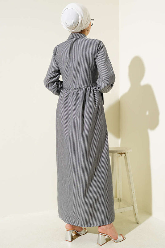 Striped Half Buttoned Tie Dress Black