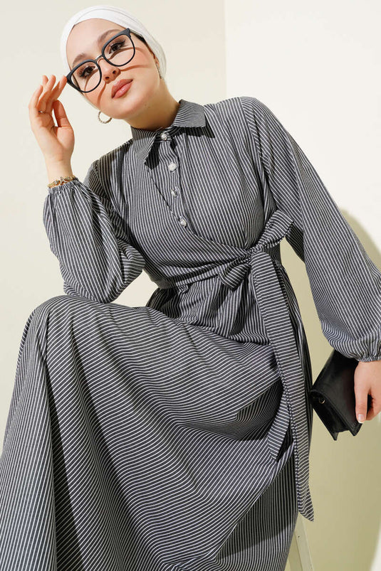 Striped Half Buttoned Tie Dress Black