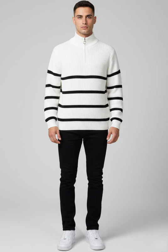 Suéter de punto a rayas con media cremallera para hombre, color crudo