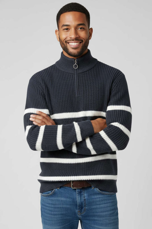 Striped Half-Zip Men's Knitted Sweater Indigo