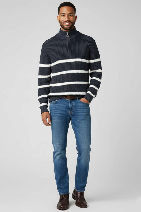 Striped Half-Zip Men's Knitted Sweater Indigo