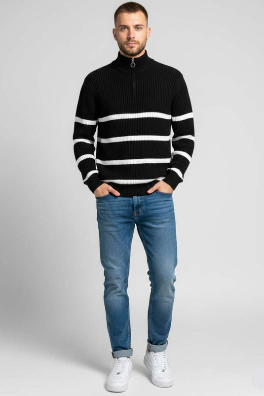 Suéter de punto a rayas con media cremallera para hombre, color negro