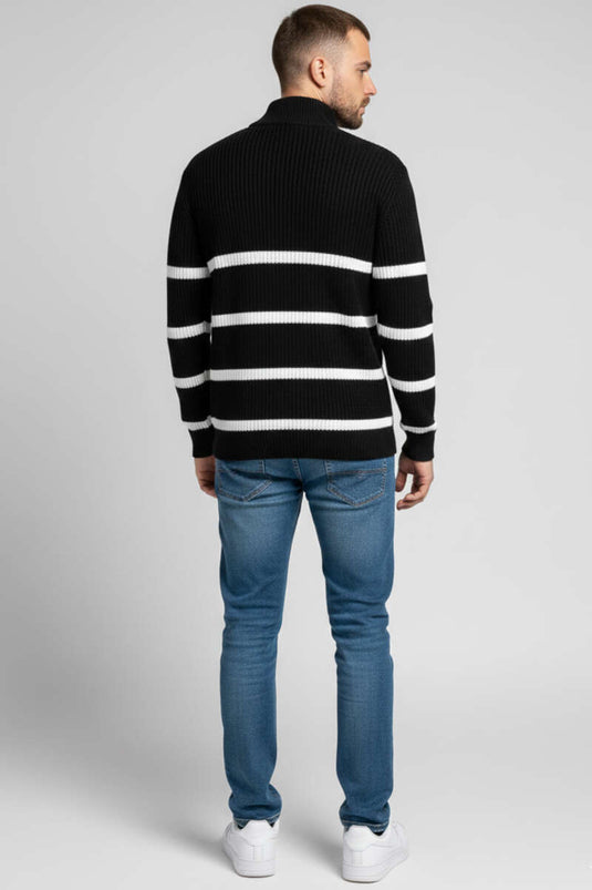 Suéter de punto a rayas con media cremallera para hombre, color negro