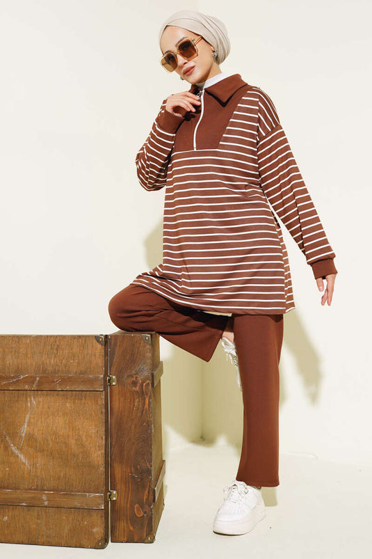 Striped Half-Zip Two-Piece Set Brown