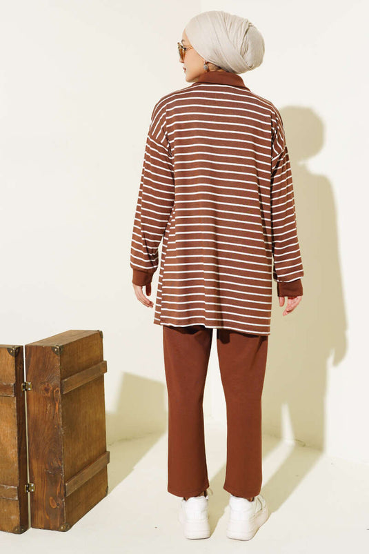 Striped Half-Zip Two-Piece Set Brown