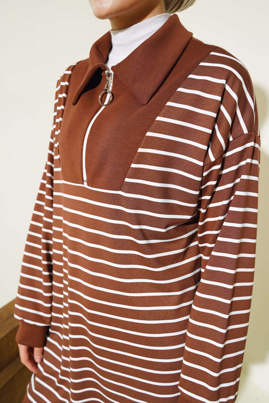 Striped Half-Zip Two-Piece Set Brown
