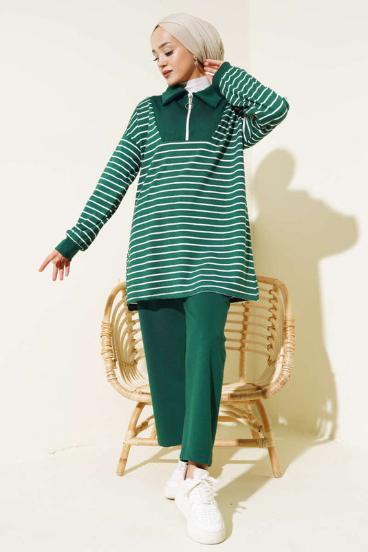 Striped Half-Zip Two-Piece Set Emerald