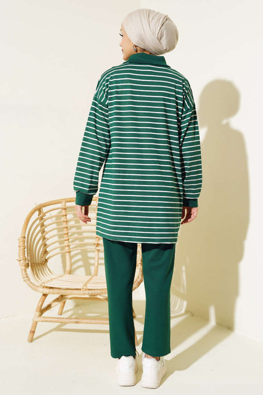 Striped Half-Zip Two-Piece Set Emerald