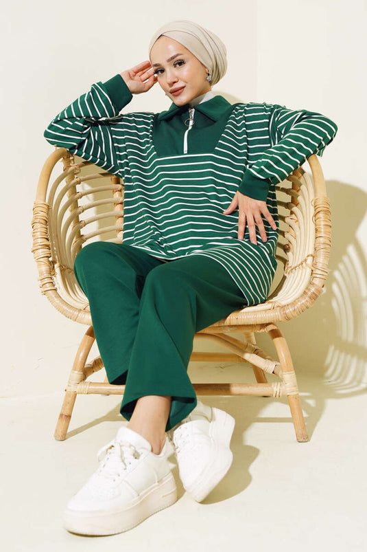 Striped Half-Zip Two-Piece Set Emerald