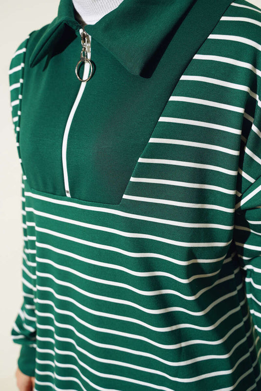 Striped Half-Zip Two-Piece Set Emerald