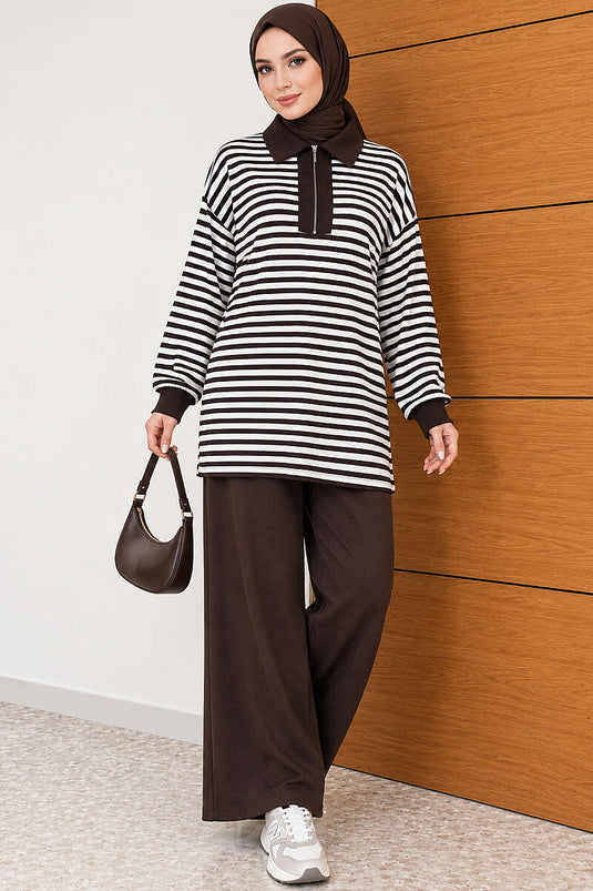 Striped Half-Zip Lounge Two-Piece Set Coffee
