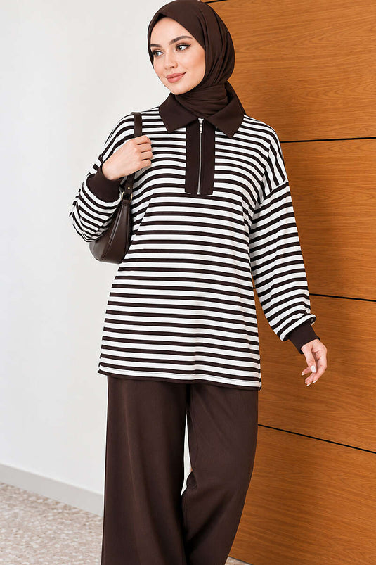 Striped Half-Zip Lounge Two-Piece Set Coffee