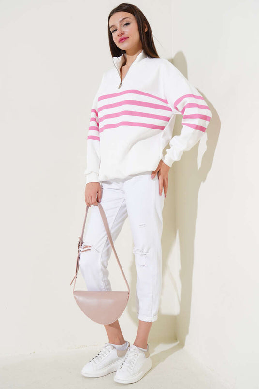 Sweat-shirt rayé à demi-zip blanc et rose
