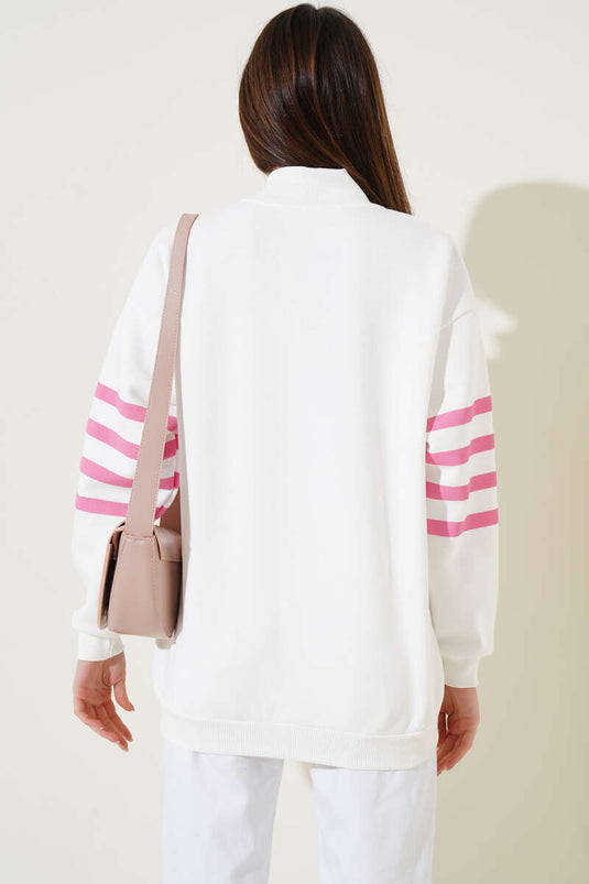 Sweat-shirt rayé à demi-zip blanc et rose