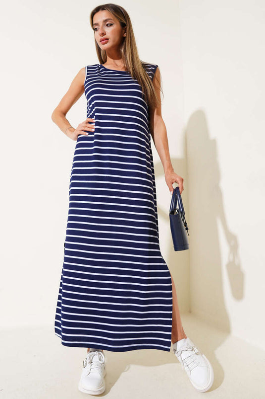 Çizgili Yırtmaçlı Elbise Lacivert