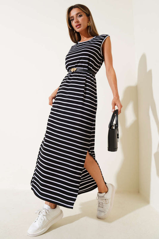 Gestreiftes Kleid mit Schlitz, Schwarz