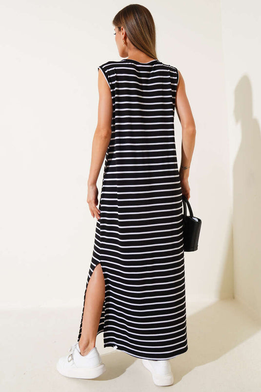 Gestreiftes Kleid mit Schlitz, Schwarz