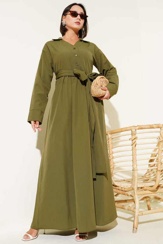 Yarım Düğmeli Bağlamalı Terikoton Elbise Haki