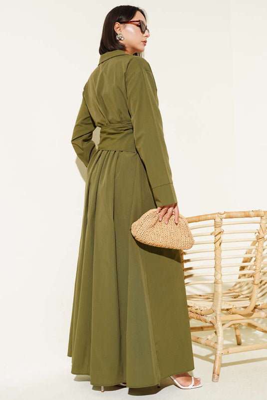 Yarım Düğmeli Bağlamalı Terikoton Elbise Haki
