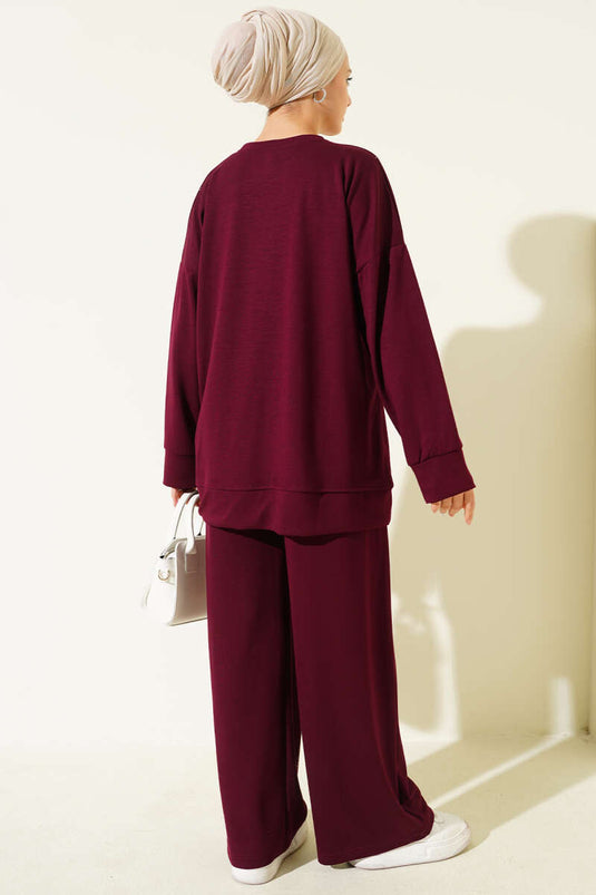 طقم لويشا من قطعتين بتفاصيل غرزة الراعي، لون عنابي