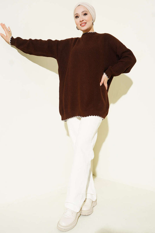 Tunique tricotée à détails de point de berger, marron