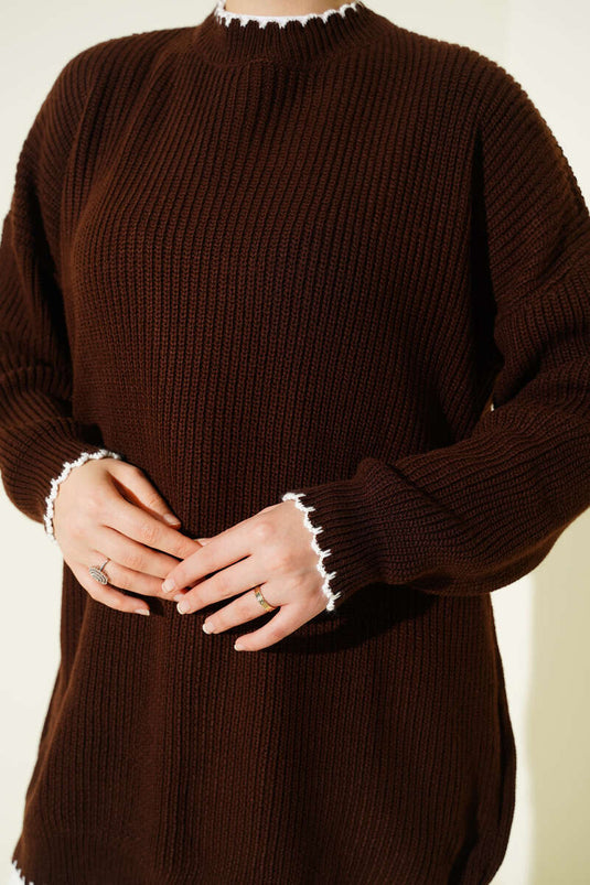 Shepherd's Stitch Detail Knitted Tunic, Brown