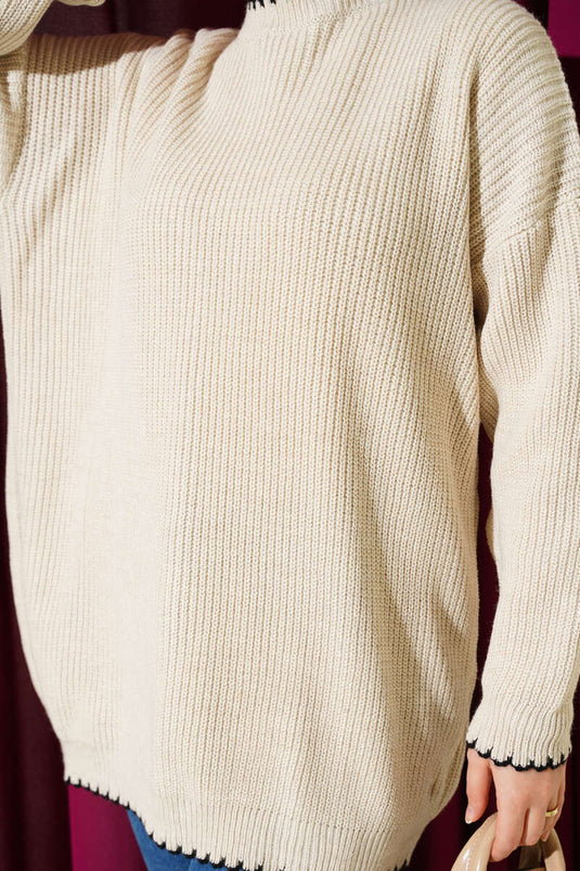 Çoban Dikiş Detaylı Triko Tunik Krem