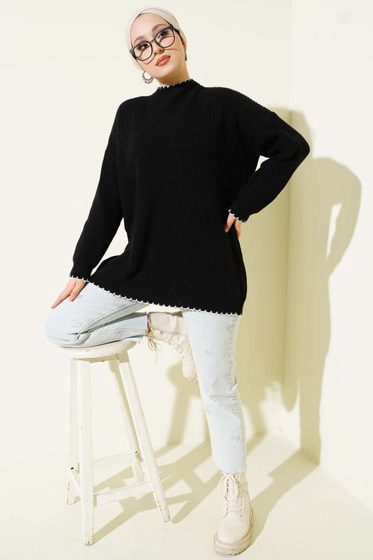 Tunique tricotée noire avec détail de point de berger