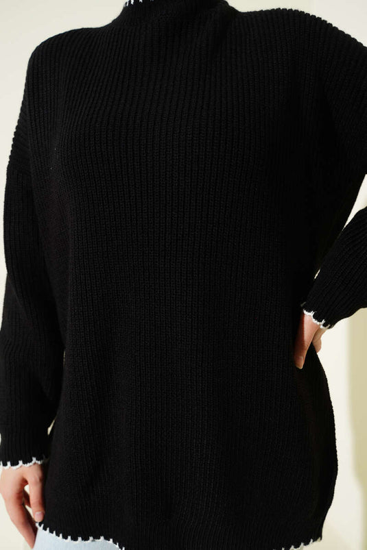 Çoban Dikiş Detaylı Triko Tunik Siyah