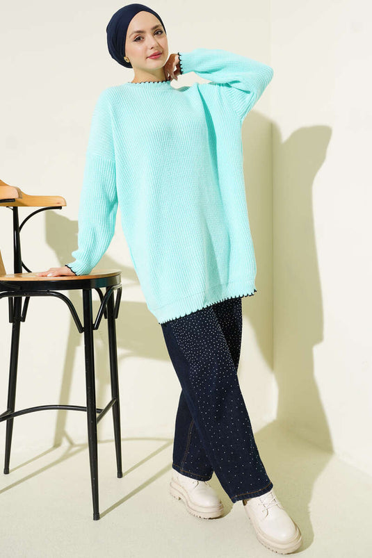 Tunique en tricot avec détails de couture Çoban, turquoise