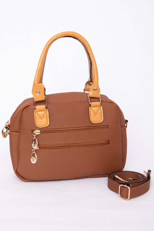 Multi-Compartment Zippered Hand & Shoulder Bag Tan