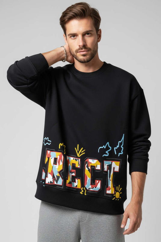 سويت شيرت رجالي أسود مطبوع عليه شعار "صحيح" بثلاثة خيوط