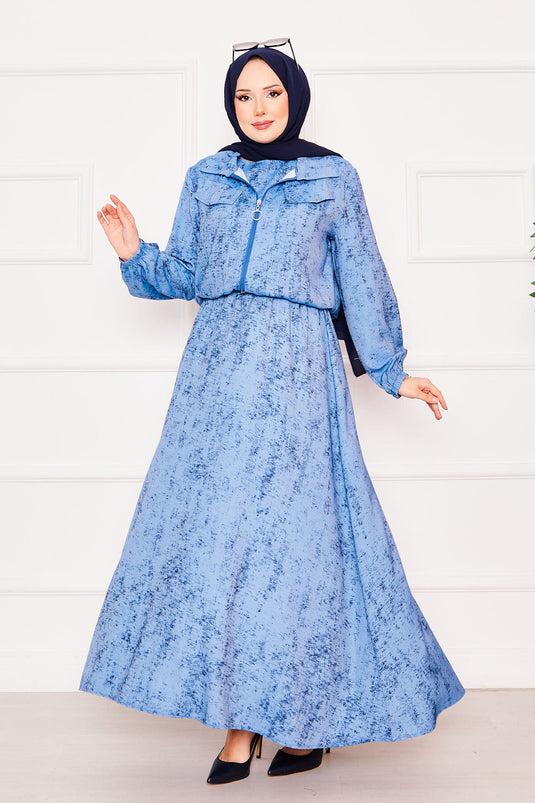 Cropped Double Hijab Dress Set Blue
