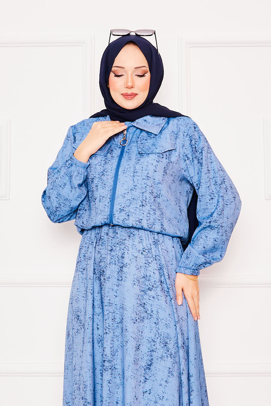 Cropped Double Hijab Dress Set Blue
