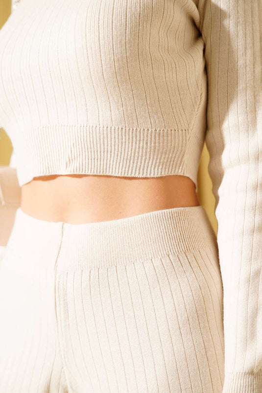 Croplu Triko İkili Takım Bej