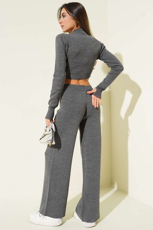 Croplu Triko İkili Takım Füme